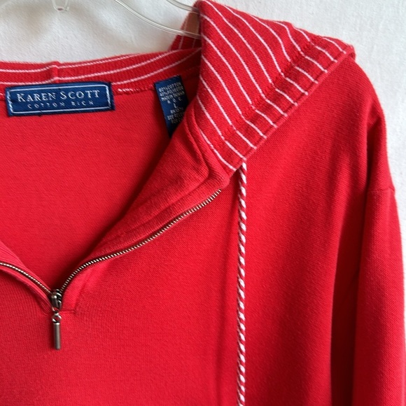 Karen Scott gorgeous coral hoodie with striped inner hood and drawstring, size L - Picture 5 of 8